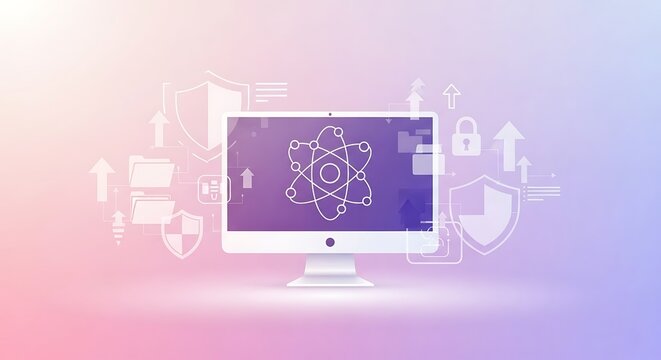 Computer Screen with Atom Symbol and Security Icons on Gradient Background