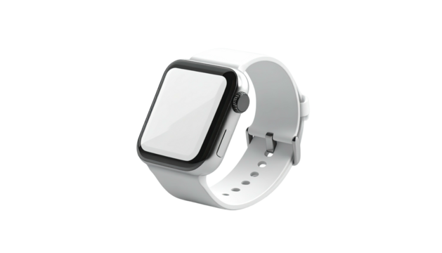 Modern smartwatch in silver and white, isolated on a black background