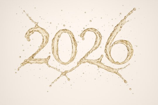 2026 in golden liquid splashes with bubbles—festive champagne vibe for New Year banners, greetings, and ads.