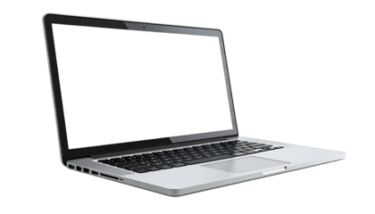 A side view of a modern silver portable computer with a black screen and keyboard