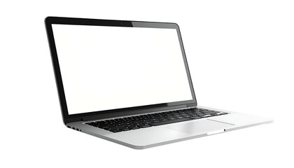 Modern silver laptop angled with blank, bright screen against a solid black backdrop