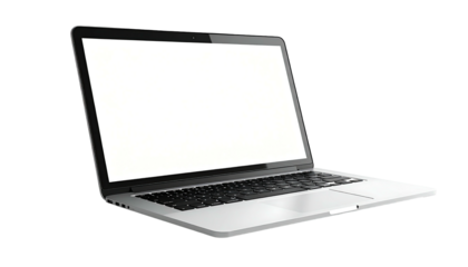 Modern silver laptop angled with blank, bright screen against a solid black backdrop