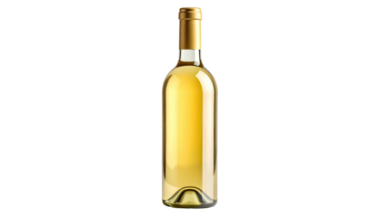 A clear glass bottle filled with a light, golden liquid, sealed with a gold cap