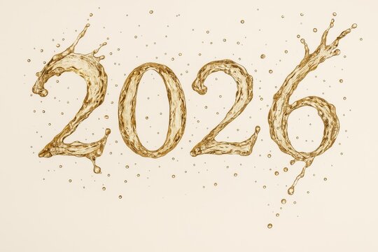 2026 in golden liquid splashes with bubbles—festive champagne vibe for New Year banners, greetings, and ads.