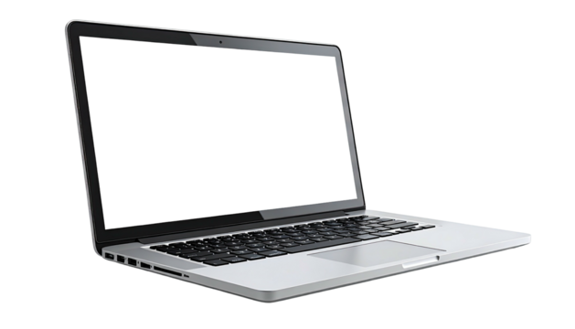 A side view of a modern silver portable computer with a black screen and keyboard