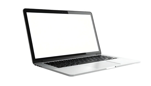 Modern silver laptop angled with blank, bright screen against a solid black backdrop