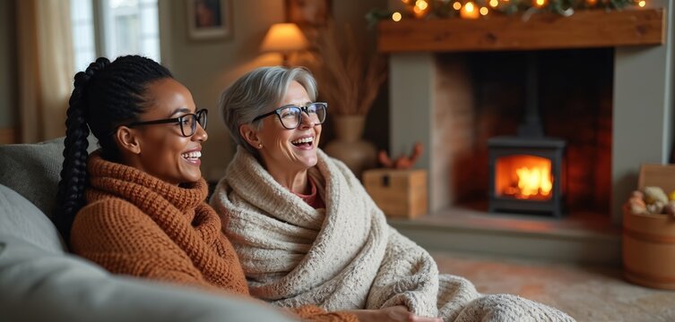 Two women share laughter on a couch, wrapped in blankets, near a warm fireplace. They enjoy a cozy indoor winter scene. This moment highlights friendship and comfort. This is a lovely indoor scene.