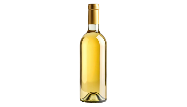 A clear glass bottle filled with a light, golden liquid, sealed with a gold cap