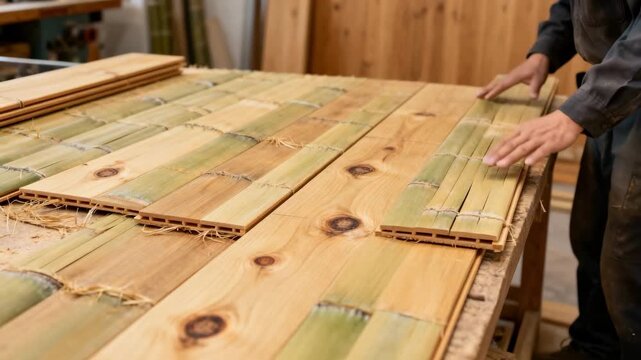Professional aligning renewable bamboo floorboards with visible knots and fibers emphasizing ecofriendly craftsmanship in midrange shot.