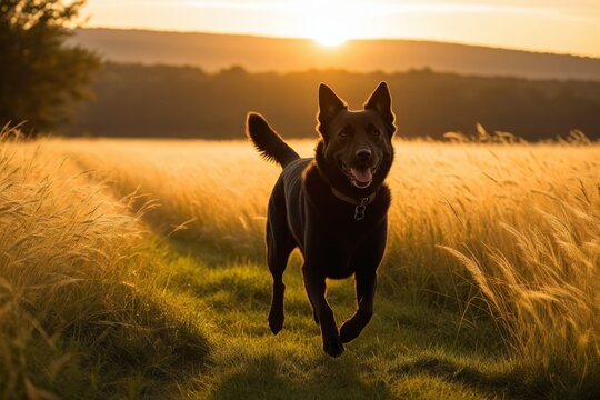 Fr&ouml;hlicher Hund l&auml;uft durch die goldene Wiese im Sonnenlicht