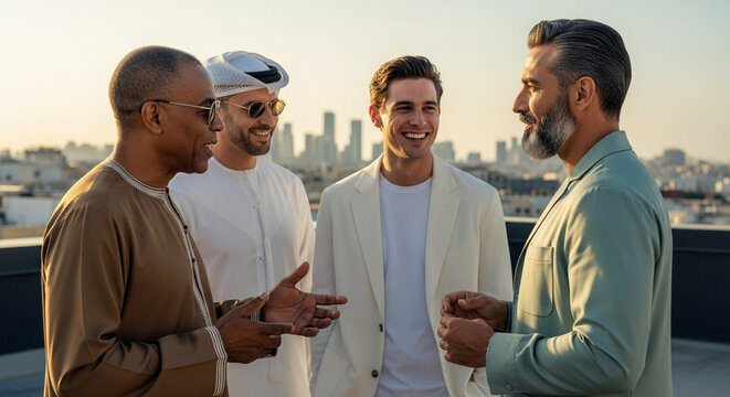 Businessmen Networking On Rooftop Terrace With City Skyline Background