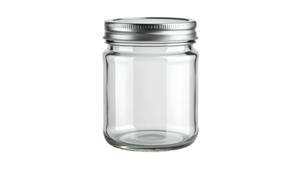 A transparent glass jar with a metal lid, isolated on a black background, with reflections