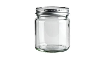 A clear, empty glass jar with a metallic lid sits against a solid black background