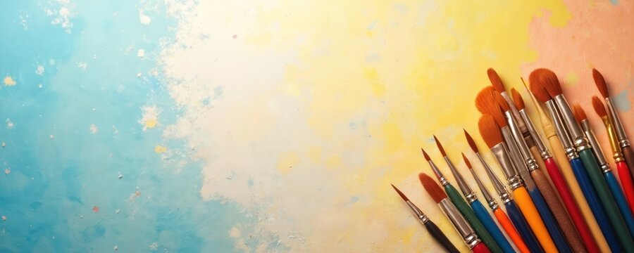 Artist paintbrushes lie on pastel color background. Painting tools set for creative art hobby work. Brushes for watercolor design school, artistic workplace or education banner concept. Copy space. - Powered by Adobe