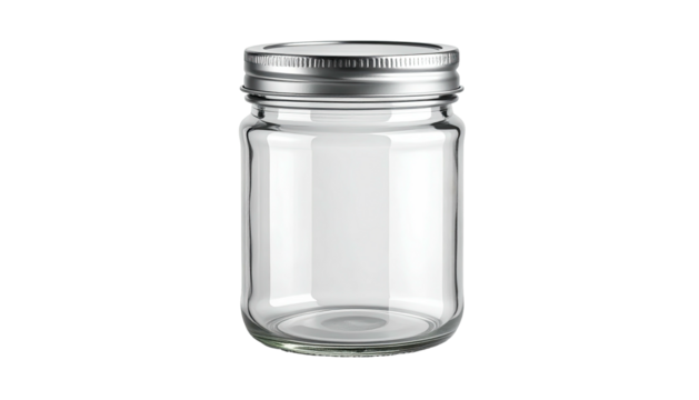 A transparent glass jar with a metal lid, isolated on a black background, with reflections - Powered by Adobe