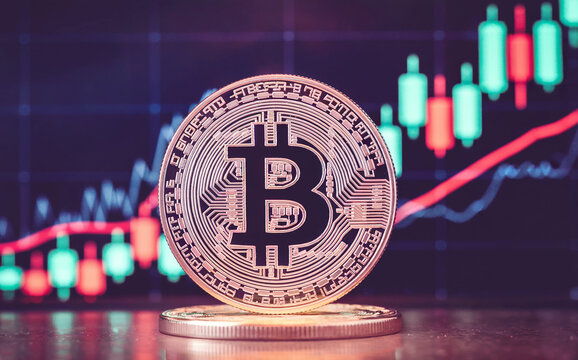 Bitcoin Cryptocurrency Coin with Financial Trading Chart Background