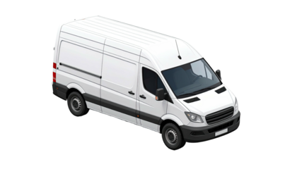 A white cargo van angled slightly from a top-right perspective, set against a dark background