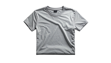 A plain, light gray, short-sleeved tee shirt presented on a solid black background