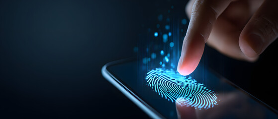 digital identity and cybersecurity of personal data safety on digital storage or wallet concept, wide banner of mobile smartphone using biometric finger print and Two-factor authentication app login