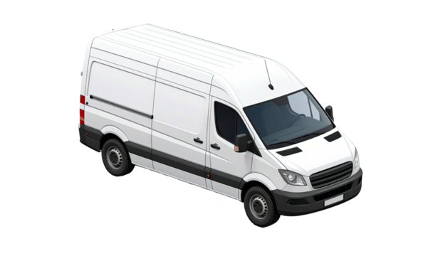 A white cargo van angled slightly from a top-right perspective, set against a dark background