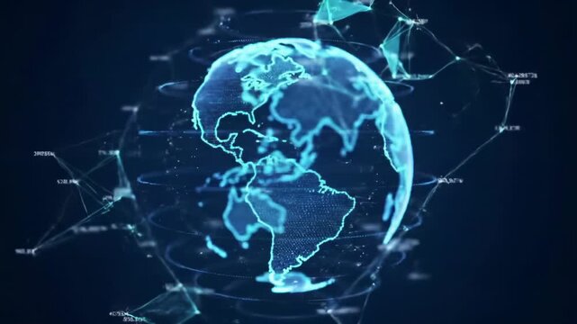 a futuristic digital globe of vibrant teal and sapphire light points slowly rotates, surrounded by glowing lines and sparkling data, symbolizing boundless data flow against a midnight blue