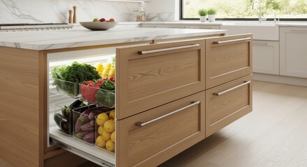 Fresh produce organized in modern kitchen island drawers, promoting healthy living and sustainable home design