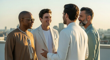 Businessmen Networking On Rooftop Terrace With City Skyline Background
