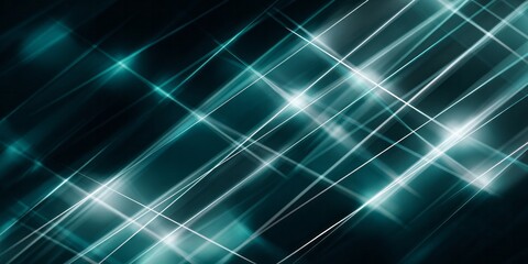 Diagonal intersecting lines of bright light illuminate a dark teal background with shimmering effects