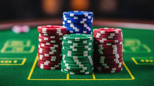 Colorful casino chips stacked on green table with blurred background showcasing gambling theme and excitement of playing poker and card games - Powered by Adobe