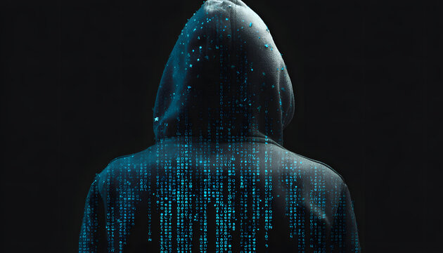 Back of anonymous robot hacker. Concept of hacking cybersecurity, cybercrime, cyberattack, etc.