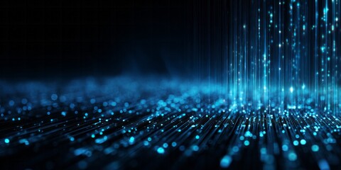 Glowing blue light streams illuminate a dark digital landscape with falling particles