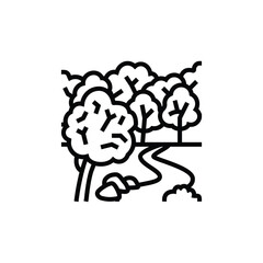 Black and white illustration of trees a winding river rocks and a small bush