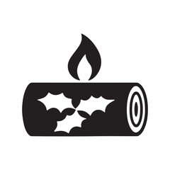 Yule log silhouette with a flame and holly, a traditional Christmas vector icon isolated on a white background