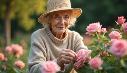 Fototapeta premium Elderly woman in hat tends pink roses in garden. Mature lady enjoys hobby outdoors with blooming plants. Senior smiles, relaxing amidst nature, finding peace in floral cultivation.