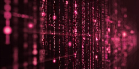 Digital information flows rapidly across a dark background illuminated by vibrant magenta light