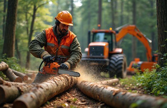 Forester in hard hat uses chainsaw cutting wood logs in forest. Orange tractor and heavy equipment wait behind. Sawdust flies. Wood processing industry scene.
