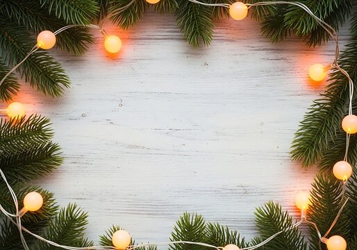 Festive christmas fir branches and glowing warm fairy lights arranged in a circular frame on a white wooden background isolated on white background