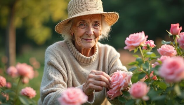 Elderly woman in hat tends pink roses in garden. Mature lady enjoys hobby outdoors with blooming plants. Senior smiles, relaxing amidst nature, finding peace in floral cultivation.