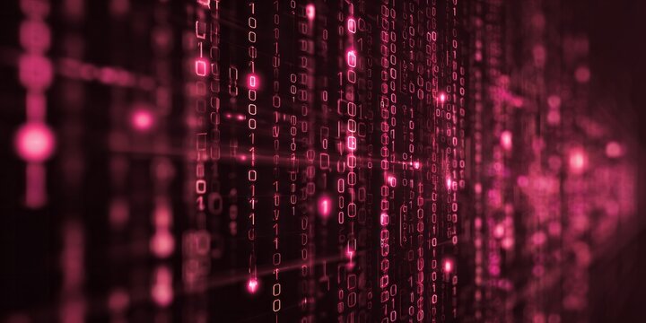 Digital information flows rapidly across a dark background illuminated by vibrant magenta light