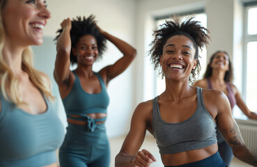 Group of diverse women smile joyfully during exercise class. Friends practice fitness together in health club. Active lifestyle women fun during workout. Enjoy healthy activity, togetherness.