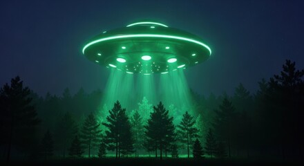 UFO Extraterrestrial Encounter: Glowing Green Flying Saucer Hovering Over a Dark Forest at Night with Bright Beams for Science Fiction and Alien Life