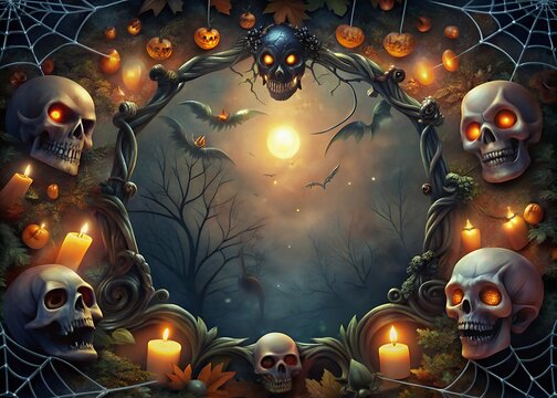 Spooky halloween scene with skulls pumpkins and a full moon