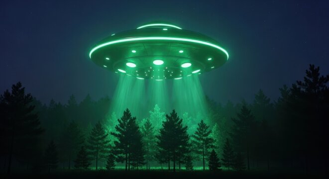 UFO Extraterrestrial Encounter: Glowing Green Flying Saucer Hovering Over a Dark Forest at Night with Bright Beams for Science Fiction and Alien Life - Powered by Adobe