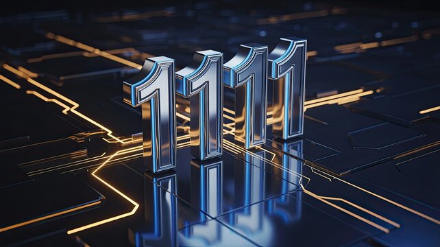Shiny metallic 1111 on futuristic circuit board background for tech visuals