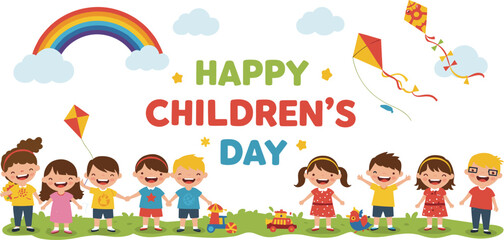 happy children’s day, kids celebration illustration, rainbow sky background, playful outfit sketch, festive scene template, childhood joy, event design, greeting card