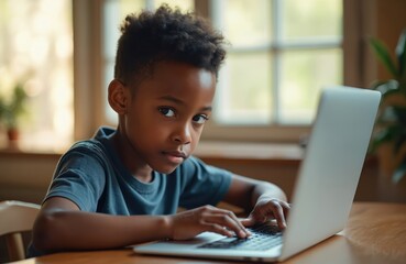 Young African American boy uses laptop at table for online class. Child learns remotely at home, typing on keyboard. Kid focused on computer screen, bright window background.