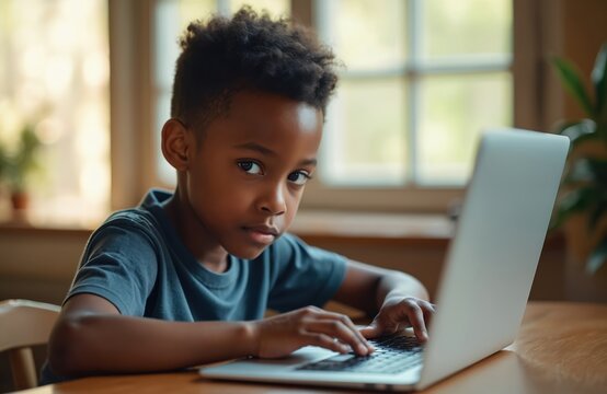 Young African American boy uses laptop at table for online class. Child learns remotely at home, typing on keyboard. Kid focused on computer screen, bright window background. - Powered by Adobe