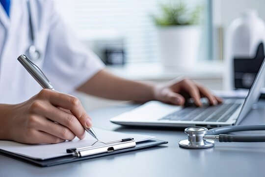 Doctor diligently writing patient notes and typing on laptop in modern clinic