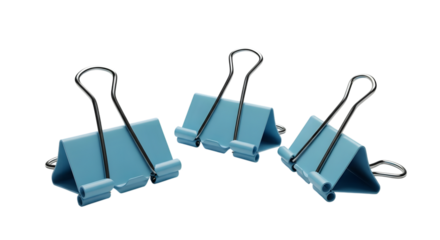 Three light blue binder clips arranged on a dark background showcasing office supplies and stationery items