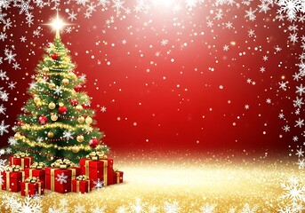 Beautifully decorated christmas tree with presents and falling snow against a vibrant red background isolated on white background